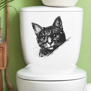 Charming black and white cat face sticker with glasses for bathroom wall or toilet decor