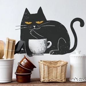 Funny Black Cat Coffee Wall Sticker PVC Self Adhesive Removable Decoration For Kitchen Bedroom Cafe DIY Art Mural Decal