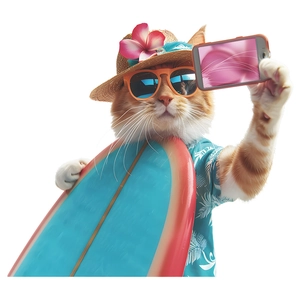 Funny summer surfing cat wall sticker featuring sunglasses and surfboard on white background