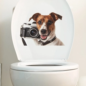 3D Jack Russell dog sticker holding a vintage camera on a white toilet lid cover