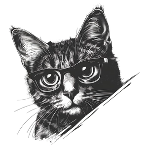 Detailed sketch of a black and white cat wearing glasses for wall decor stickers