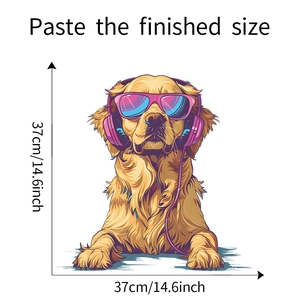 Détail du sticker mural golden retriever mélomane avec dimensions de 37x37cm