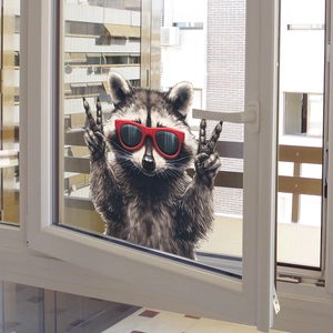 Cool raccoon window sticker wearing red sunglasses with peace sign on white frame glass