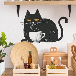 Funny black cat with coffee cup wall sticker for home kitchen and bedroom decoration