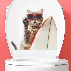 Creative surfing cat wall sticker in summer beach style for bathroom toilet decoration
