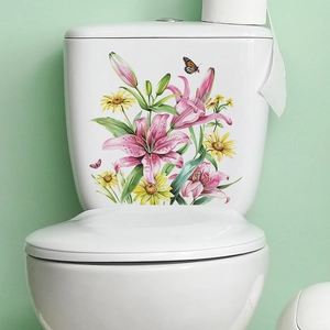 Detailed watercolor floral toilet sticker featuring pink lilies and sunflowers in bathroom