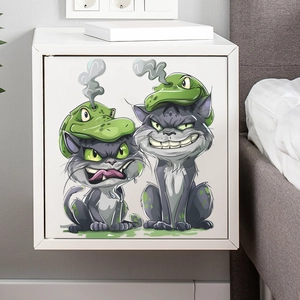 Modern white square wall-mounted bedside table with two cute grey cartoon cats decor