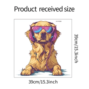 Dimensions détaillées du sticker mural Golden Retriever avec des écouteurs et des lunettes