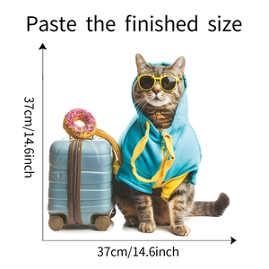 Close-up of travel cat wall sticker with blue hoodie and suitcase, size 37cm x 37cm