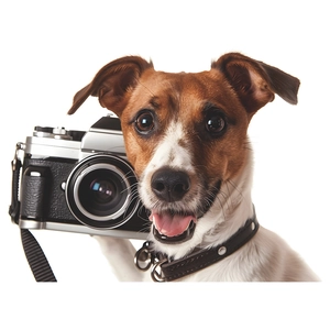 Detail of Jack Russell Terrier wall sticker with vintage camera for home decor