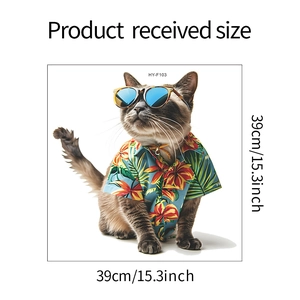 Detailed close-up of a cool cat sticker in tropical shirt with 39cm size markers
