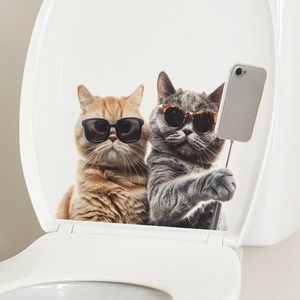Lustiger Wandaufkleber mit Selfies machenden Katzen auf einem weißen Toilettendeckel