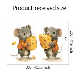 Cartoon mice eating cheese wall sticker detail with dimensions 30cm by 20cm