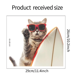 Detail view of surfing cat wall sticker size dimensions 29cm x 26cm for home decor