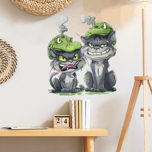 Funny cartoon cats wall stickers with green crocodile hats for home nursery wall decor