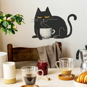 Funny black cat holding coffee cup wall sticker for home and cafe wall decor