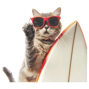 Detail of creative summer cat surfing sticker with sunglasses and mini surfboard