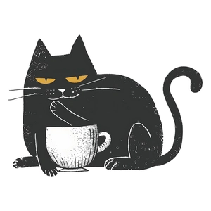 Funny black cat with white coffee cup wall sticker, vintage hand-drawn home decor decal