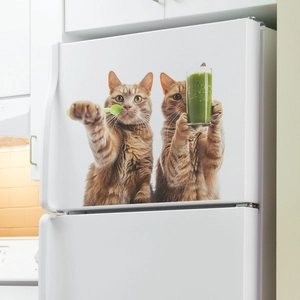 Cute orange cats drinking green juice stickers for white refrigerator decoration