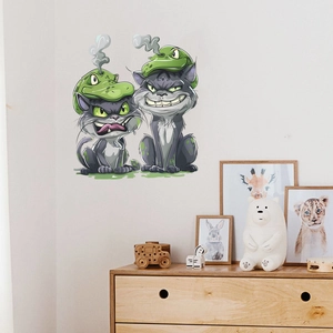 Funny cartoon cats with green frog hats wall stickers for creative kids nursery room decor