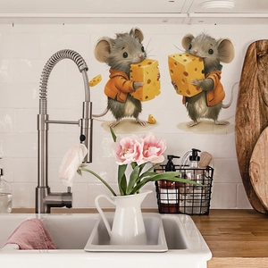 Detail of cartoon mice with cheese wall stickers on white tile kitchen background