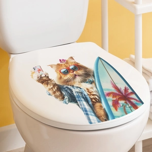Detail of creative self-adhesive toilet sticker featuring an orange cat surfing design