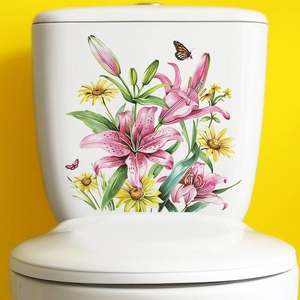 Vibrant floral toilet sticker with pink lilies and yellow daisies on a white ceramic tank