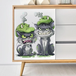Funny cartoon grey cat wall stickers with green hats applied on white drawer cabinet doors