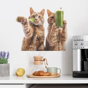 Detailed view of cat wall stickers with juice design in a cozy kitchen setting