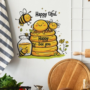 Kitchen wall scene featuring cartoon bee stickers with honey pots and yellow honeycomb