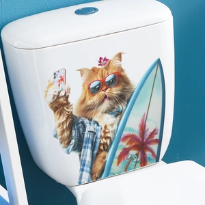 Selfie cat on surfboard toilet tank sticker with summer beach style for home decoration