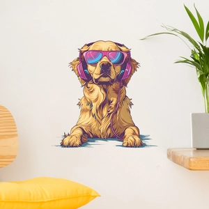 Sticker Mural Moderne Dessin Animé Chien Golden Retriever Avec Casque Lunettes de Soleil Décalcomanie PVC Pour Chambre Enfants