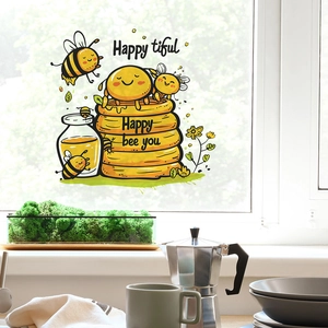 Cute cartoon bee wall stickers with honey jars and floral motifs for home window decor