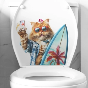 Detail of creative surfing cat sticker with sunglasses on a white toilet lid