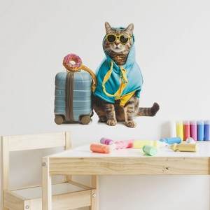 Creative travel cat wall sticker featuring a tabby cat with suitcase for bedroom decor