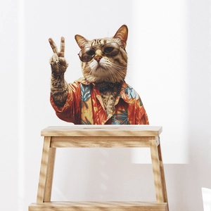 Detail of cat wall sticker wearing sunglasses and Hawaiian shirt on white wall