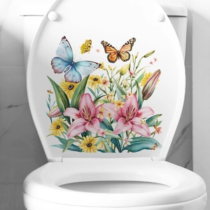 Detail of floral butterfly decals showing realistic lilies and daisies on a white toilet lid