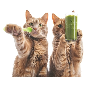 Cute self-adhesive wall sticker featuring orange cats with green vegetable juice and spoon