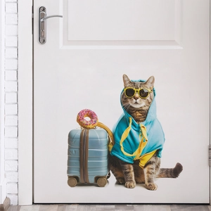 Creative travel cat wall sticker featuring a tabby cat with sunglasses and blue hoodie