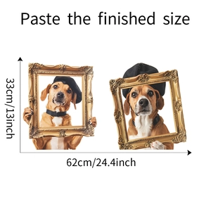 Detail of dog wall stickers in gold frames with finished size dimensions shown