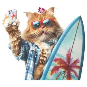 Close-up of cool orange cat sticker with sunglasses, blue shirt and surfboard