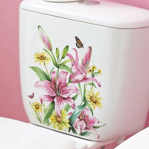 Detailed watercolor floral wall decal with pink lilies and butterflies on a toilet tank