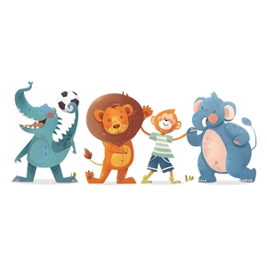 Cartoon animal soccer player wall stickers featuring dinosaur lion monkey and elephant