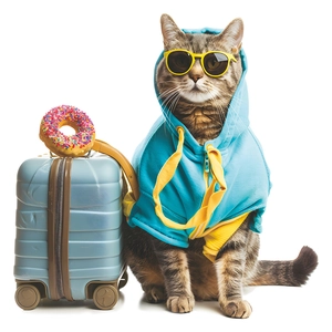 Creative travel cat wall stickers with blue hoodie and yellow sunglasses decor