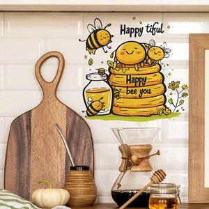 Cartoon honey bee wall stickers with hive and honey jar for kitchen wall decor