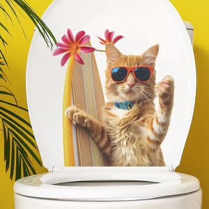 Summer cat surfing toilet lid sticker with sunglasses and yellow surfboard decoration