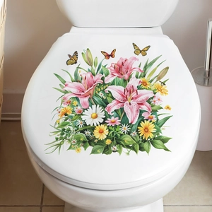 Floral toilet seat decal featuring pink lilies and butterflies on a white surface