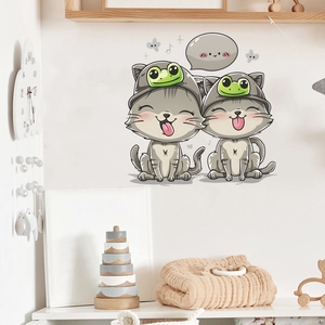 Cute gray cartoon cats in green frog hats wall stickers for nursery and children room decor