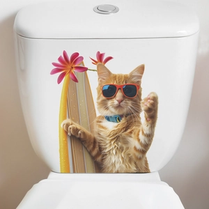 Close-up of summer orange cat surfing sticker on a white ceramic toilet tank