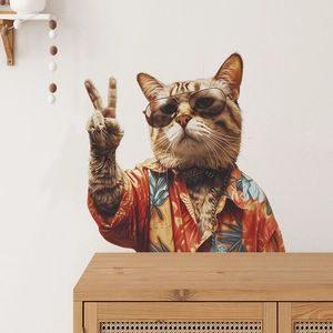 Detail of creative summer vacation cat wall sticker featuring a cool cat in a Hawaiian shirt